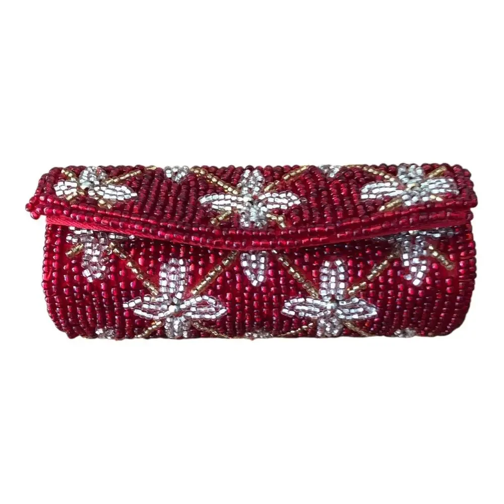 Vintage Beaded Lipstick Case Holders Lot 2 Red Black Floral Mirrors Evening Bag